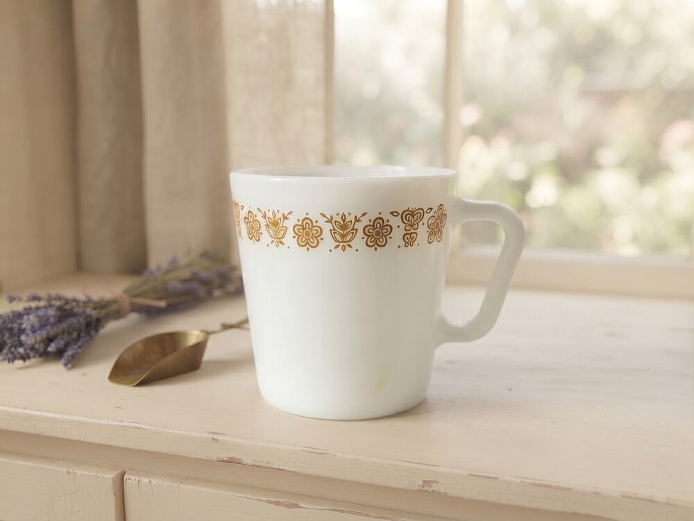 Vintage Pyrex Butterfly Gold Milk Glass Coffee Mug D-Handle MCM 70s Kitchen